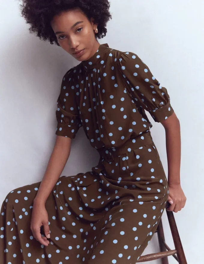 High Neck Belted Dress Raw Umber, Painted Dot High Neck Belted Dress Raw Umber, Painted Dot