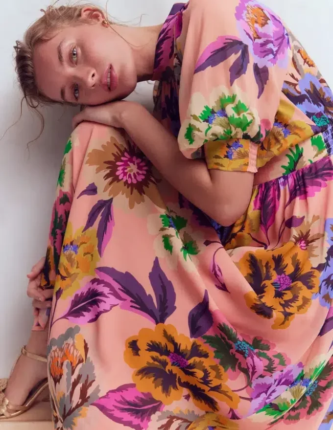 High Neck Blouson Sleeve Dress Multi Opulent Blossom High Neck Blouson Sleeve Dress Multi Opulent Blossom
