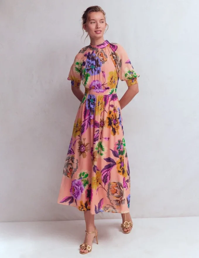 High Neck Blouson Sleeve Dress Multi Opulent Blossom High Neck Blouson Sleeve Dress Multi Opulent Blossom