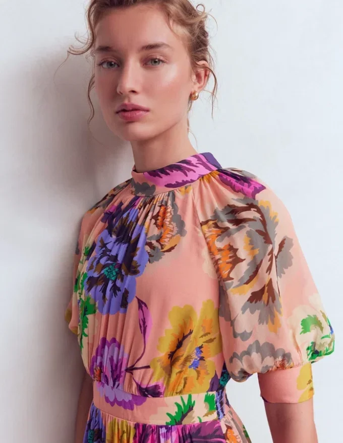 High Neck Blouson Sleeve Dress Multi Opulent Blossom High Neck Blouson Sleeve Dress Multi Opulent Blossom