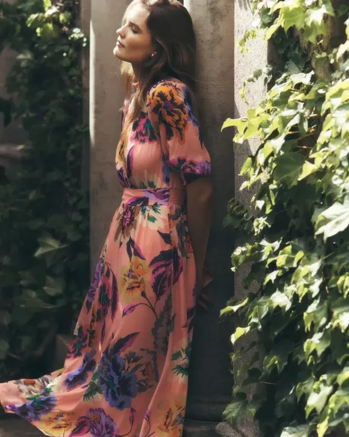 High Neck Blouson Sleeve Dress Multi Opulent Blossom High Neck Blouson Sleeve Dress Multi Opulent Blossom