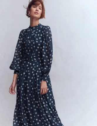 High Neck Occasion Dress French Navy, Painted Dot