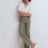 High Rise Column Leg Jeans Olive Ecru Stripe