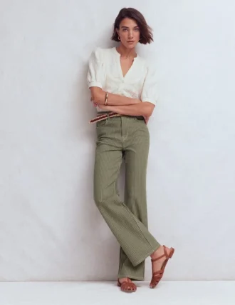 High Rise Column Leg Jeans Olive Ecru Stripe