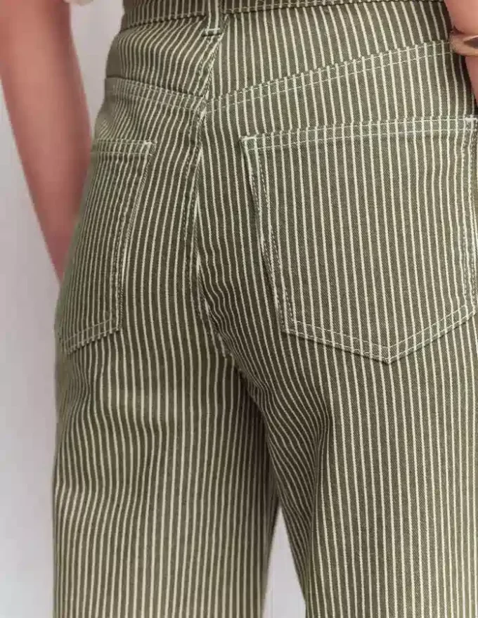 High Rise Column Leg Jeans Olive Ecru Stripe