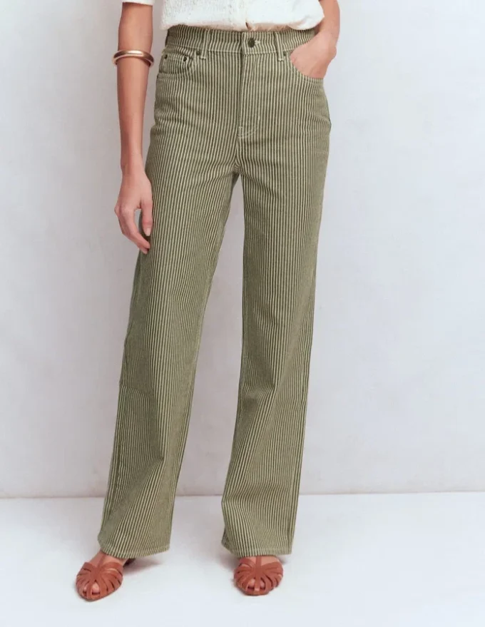 High Rise Column Leg Jeans Olive Ecru Stripe