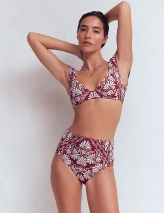 High Waisted Bikini Bottoms Maroon, Botanical Charm