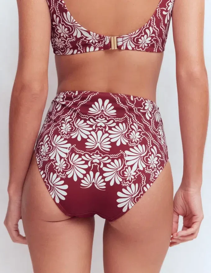 High Waisted Bikini Bottoms Maroon, Botanical Charm