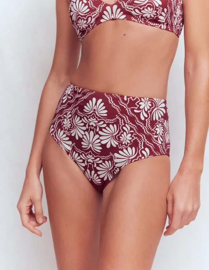 High Waisted Bikini Bottoms Maroon, Botanical Charm