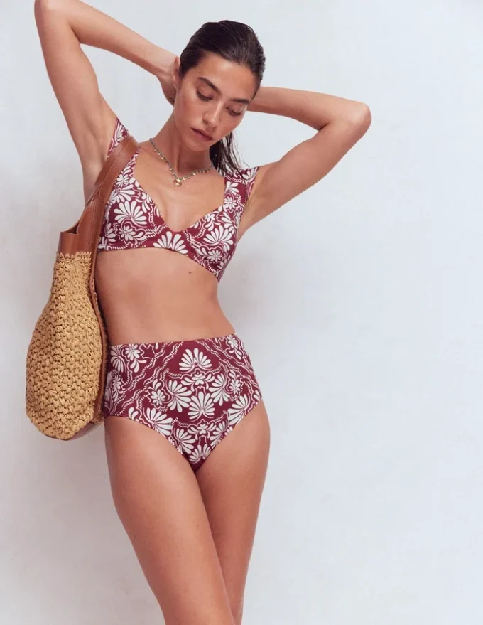 High Waisted Bikini Bottoms Maroon, Botanical Charm