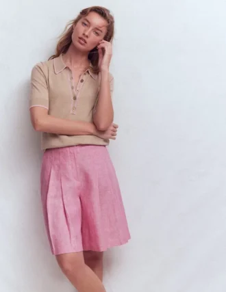 Highbury Pleated Linen Shorts Meadowsweet Pink Chambray