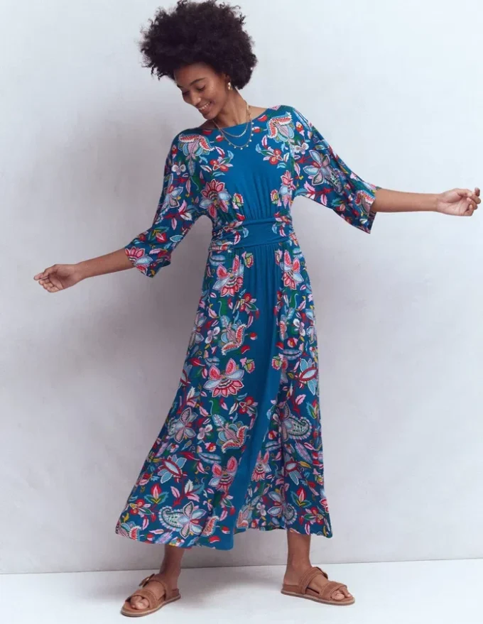 Imelda Kimono Jersey Dress Blue, Botanical Trail Imelda Kimono Jersey Dress Blue, Botanical Trail