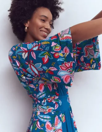Imelda Kimono Jersey Dress Blue, Botanical Trail