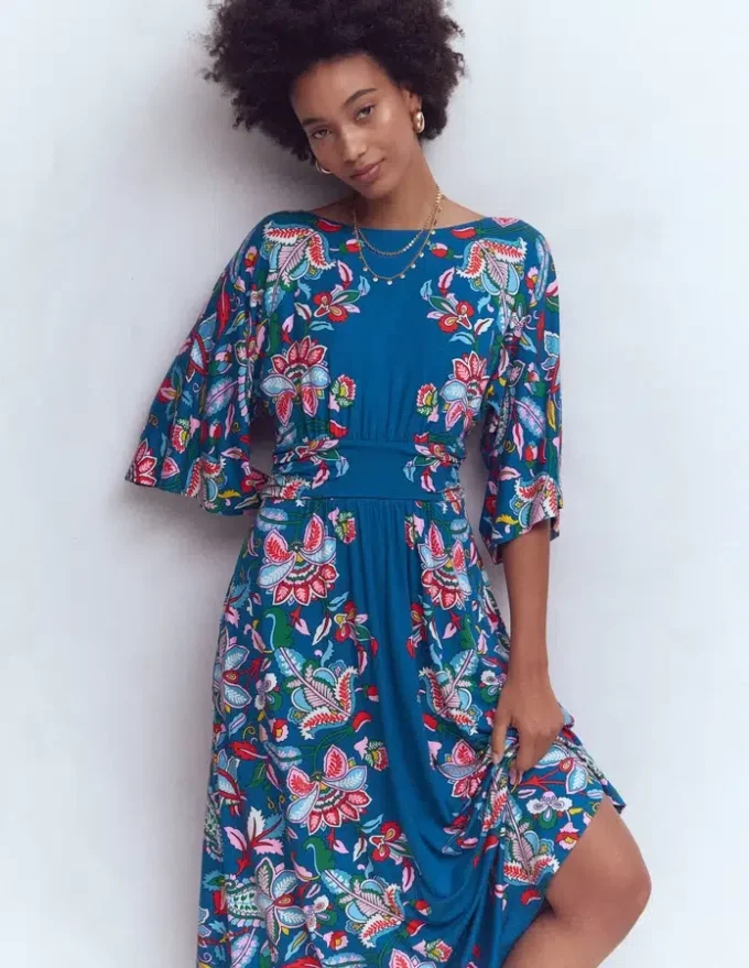 Imelda Kimono Jersey Dress Blue, Botanical Trail Imelda Kimono Jersey Dress Blue, Botanical Trail