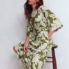 Imelda Kimono Jersey Dress Olive, Botanical Flourish Mono Imelda Kimono Jersey Dress Olive, Botanical Flourish Mono