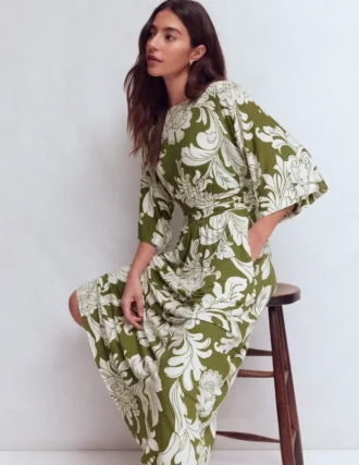 Imelda Kimono Jersey Dress Olive, Botanical Flourish Mono