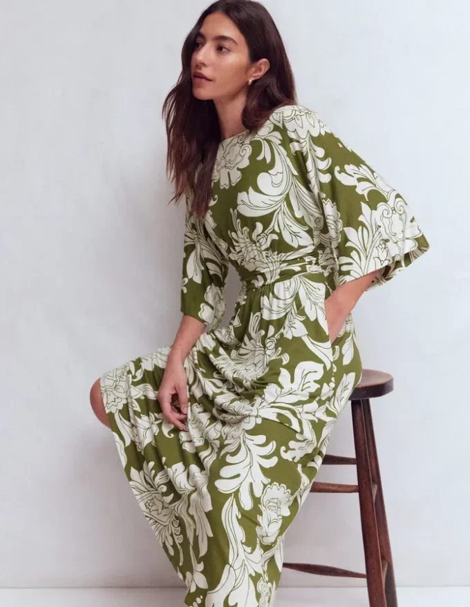 Imelda Kimono Jersey Dress Olive, Botanical Flourish Mono Imelda Kimono Jersey Dress Olive, Botanical Flourish Mono