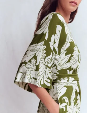 Imelda Kimono Jersey Dress Olive, Botanical Flourish Mono