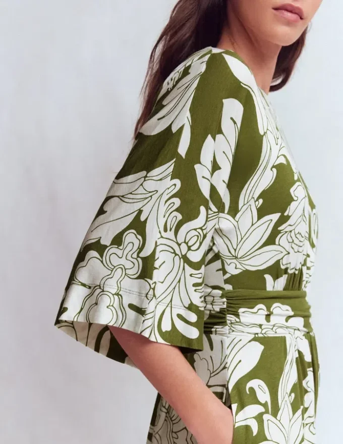 Imelda Kimono Jersey Dress Olive, Botanical Flourish Mono Imelda Kimono Jersey Dress Olive, Botanical Flourish Mono