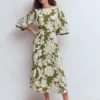 Imelda Kimono Jersey Dress Olive, Botanical Flourish Mono Imelda Kimono Jersey Dress Olive, Botanical Flourish Mono