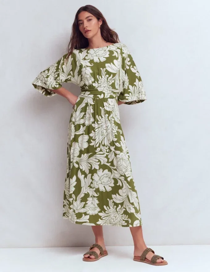 Imelda Kimono Jersey Dress Olive, Botanical Flourish Mono Imelda Kimono Jersey Dress Olive, Botanical Flourish Mono
