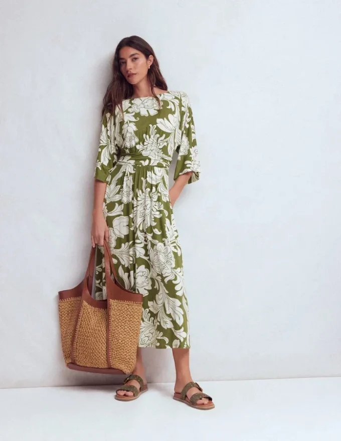 Imelda Kimono Jersey Dress Olive, Botanical Flourish Mono Imelda Kimono Jersey Dress Olive, Botanical Flourish Mono