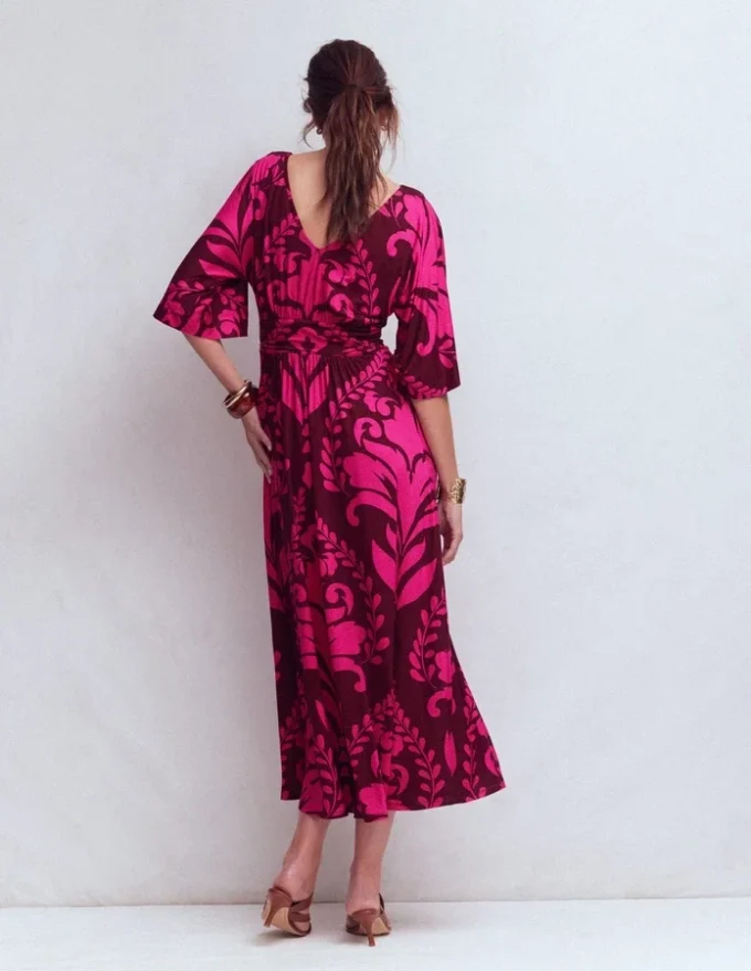 Imelda Kimono Jersey Dress Pink Peony, Decorative Lattice Imelda Kimono Jersey Dress Pink Peony, Decorative Lattice