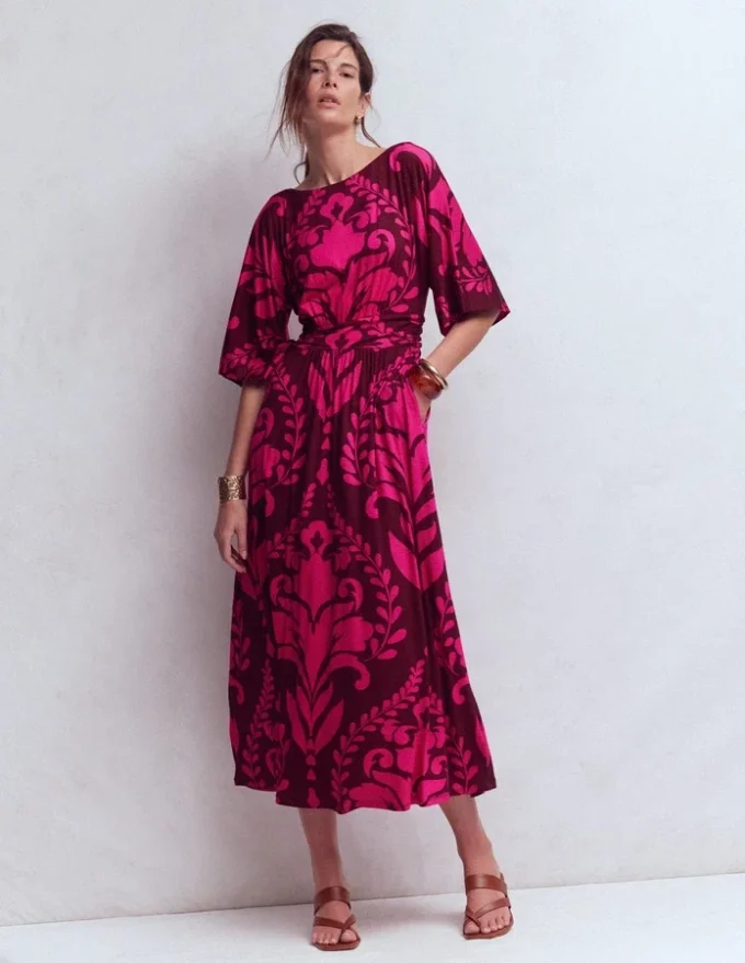 Imelda Kimono Jersey Dress Pink Peony, Decorative Lattice Imelda Kimono Jersey Dress Pink Peony, Decorative Lattice