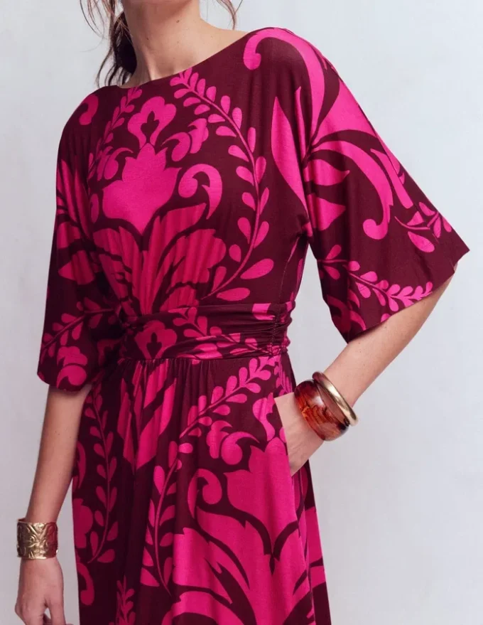 Imelda Kimono Jersey Dress Pink Peony, Decorative Lattice Imelda Kimono Jersey Dress Pink Peony, Decorative Lattice