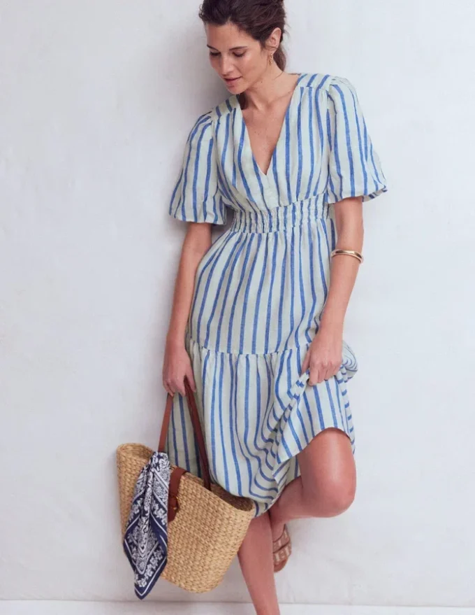 Irene Linen Midi Dress Blue Stripe Irene Linen Midi Dress Blue Stripe