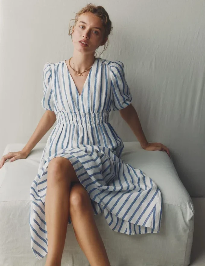 Irene Linen Midi Dress Blue Stripe Irene Linen Midi Dress Blue Stripe