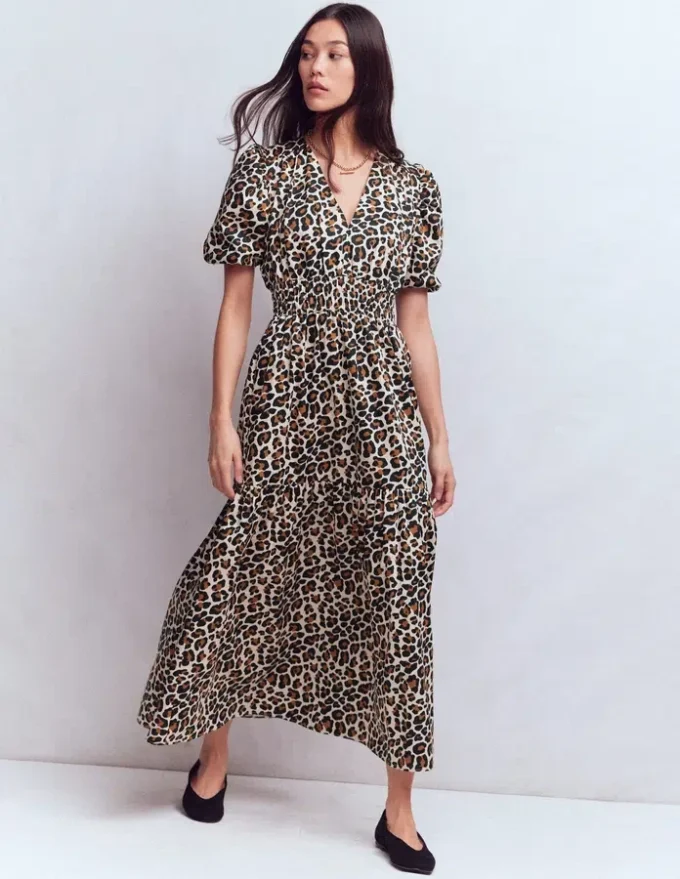 Irene Puff Sleeve Cotton Dress Almond Milk, Cheetah Pop Irene Puff Sleeve Cotton Dress Almond Milk, Cheetah Pop