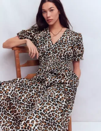 Irene Puff Sleeve Cotton Dress Almond Milk, Cheetah Pop