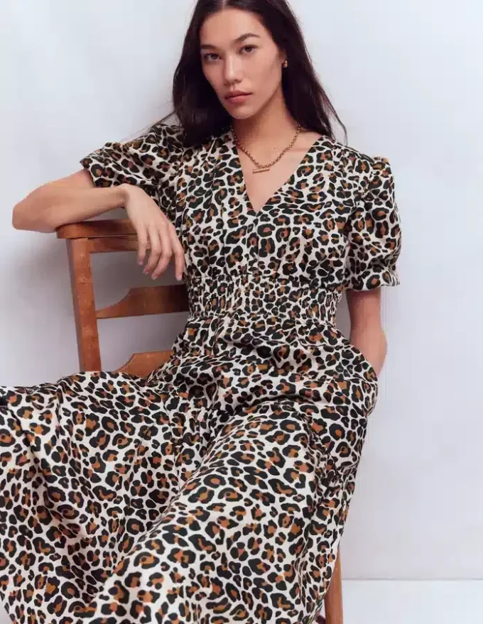 Irene Puff Sleeve Cotton Dress Almond Milk, Cheetah Pop Irene Puff Sleeve Cotton Dress Almond Milk, Cheetah Pop