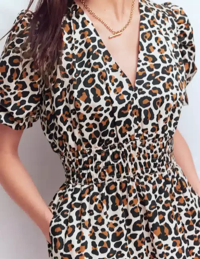 Irene Puff Sleeve Cotton Dress Almond Milk, Cheetah Pop Irene Puff Sleeve Cotton Dress Almond Milk, Cheetah Pop