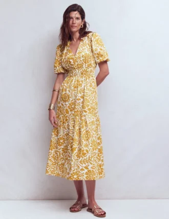 Irene Puff Sleeve Cotton Dress Gold Wheat, Meadow Scatter