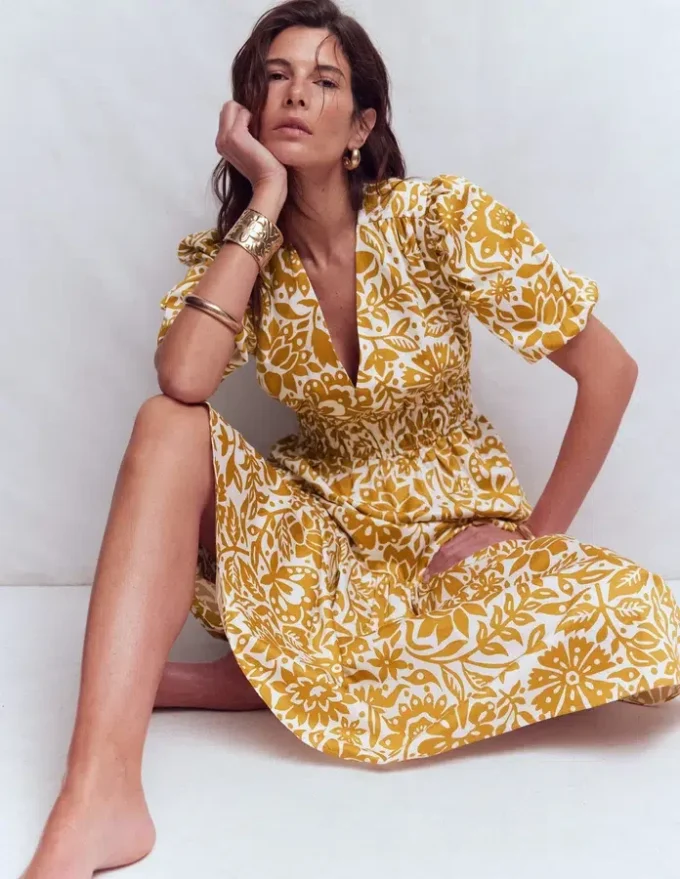 Irene Puff Sleeve Cotton Dress Gold Wheat, Meadow Scatter Irene Puff Sleeve Cotton Dress Gold Wheat, Meadow Scatter