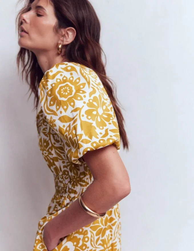 Irene Puff Sleeve Cotton Dress Gold Wheat, Meadow Scatter Irene Puff Sleeve Cotton Dress Gold Wheat, Meadow Scatter