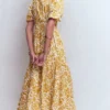 Irene Puff Sleeve Cotton Dress Gold Wheat, Meadow Scatter Irene Puff Sleeve Cotton Dress Gold Wheat, Meadow Scatter