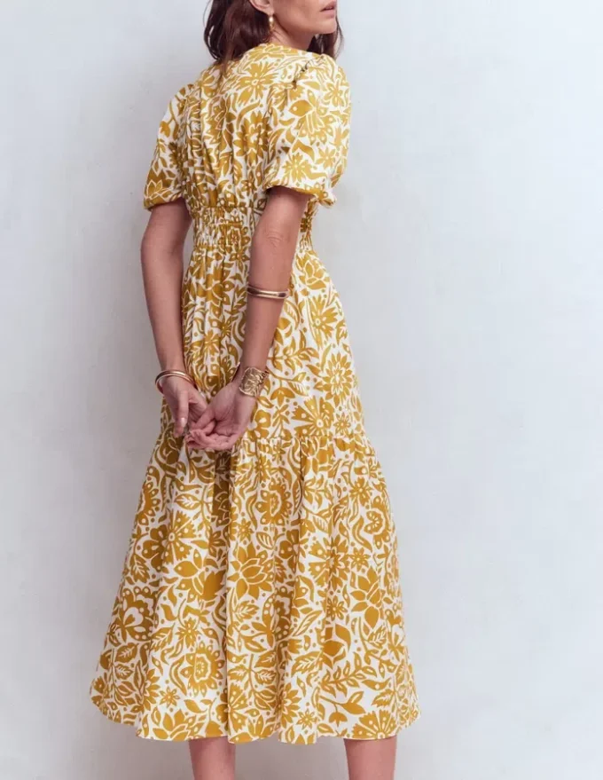 Irene Puff Sleeve Cotton Dress Gold Wheat, Meadow Scatter Irene Puff Sleeve Cotton Dress Gold Wheat, Meadow Scatter