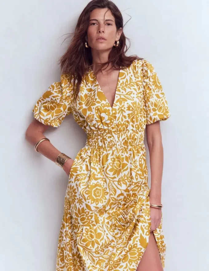 Irene Puff Sleeve Cotton Dress Gold Wheat, Meadow Scatter Irene Puff Sleeve Cotton Dress Gold Wheat, Meadow Scatter