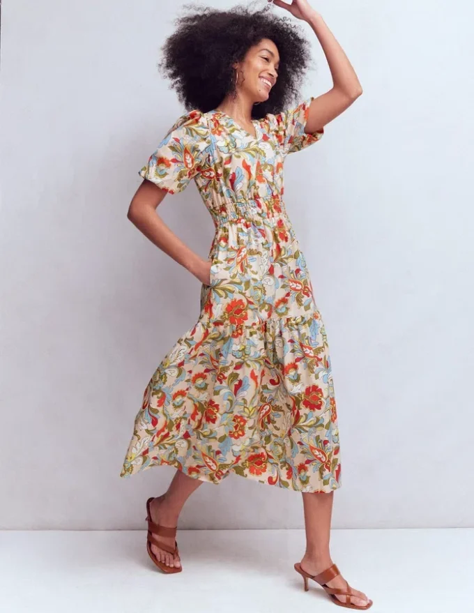 Irene Puff Sleeve Cotton Dress Multi, Botanical Flourish Irene Puff Sleeve Cotton Dress Multi, Botanical Flourish
