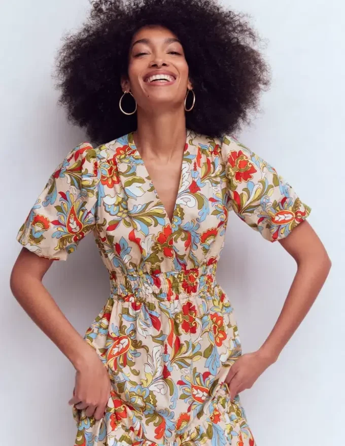 Irene Puff Sleeve Cotton Dress Multi, Botanical Flourish Irene Puff Sleeve Cotton Dress Multi, Botanical Flourish