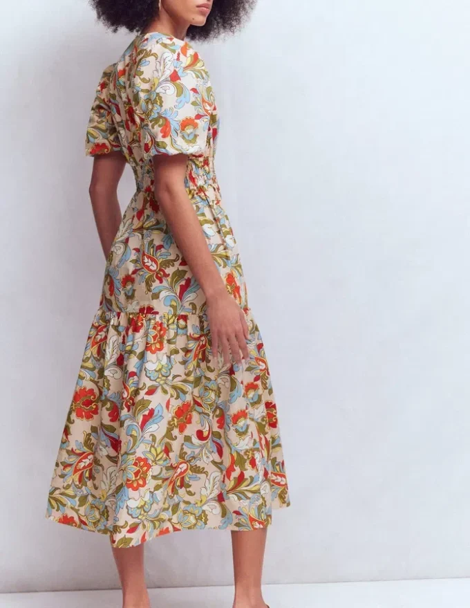 Irene Puff Sleeve Cotton Dress Multi, Botanical Flourish Irene Puff Sleeve Cotton Dress Multi, Botanical Flourish