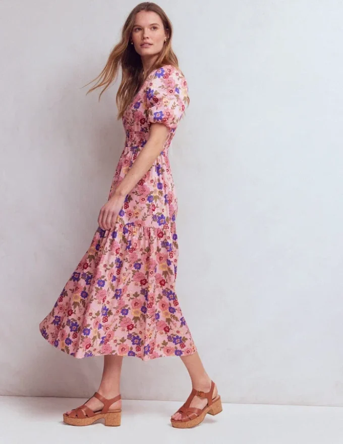 Irene Puff Sleeve Cotton Dress Pink, Blossomy Garden Irene Puff Sleeve Cotton Dress Pink, Blossomy Garden