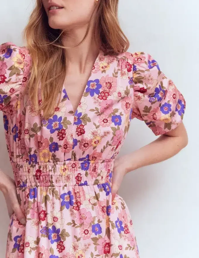 Irene Puff Sleeve Cotton Dress Pink, Blossomy Garden Irene Puff Sleeve Cotton Dress Pink, Blossomy Garden