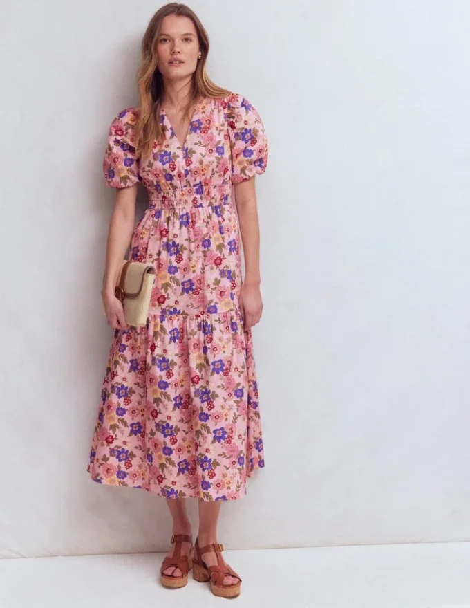 Irene Puff Sleeve Cotton Dress Pink, Blossomy Garden Irene Puff Sleeve Cotton Dress Pink, Blossomy Garden