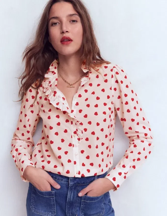 Isabel Ruffle Cotton Shirt Ivory, Heart Confetti Isabel Ruffle Cotton Shirt Ivory, Heart Confetti