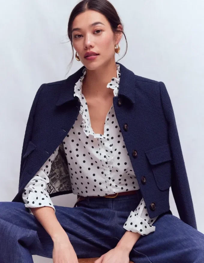 Isabel Ruffle Cotton Shirt Navy and Ivory, Painted Dot Isabel Ruffle Cotton Shirt Navy and Ivory, Painted Dot