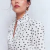 Isabel Ruffle Cotton Shirt Navy and Ivory, Painted Dot Isabel Ruffle Cotton Shirt Navy and Ivory, Painted Dot